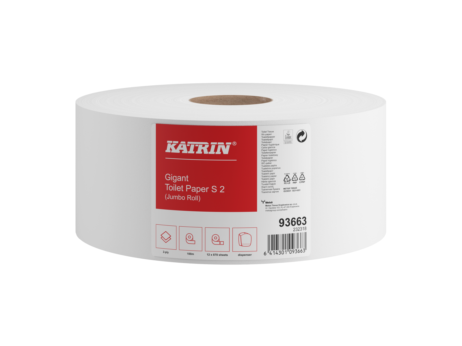 Papier toaletowy Jumbo Katrin 93663  x12, 100 m, 2-warstwowy, Celuloza